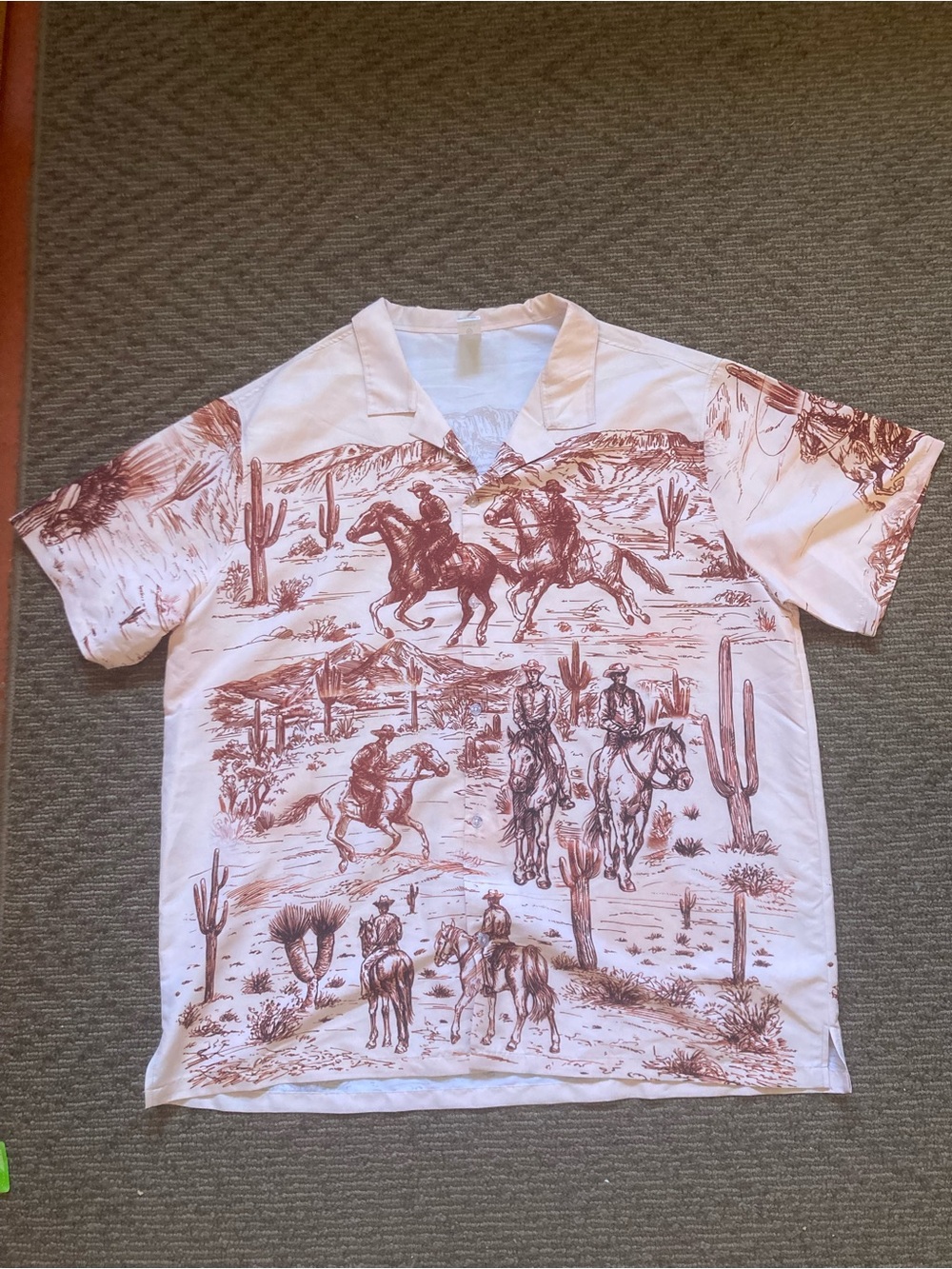 Southwestern Cowboy Scene Button Up Shirt 70s neutral Cactus Horses XL